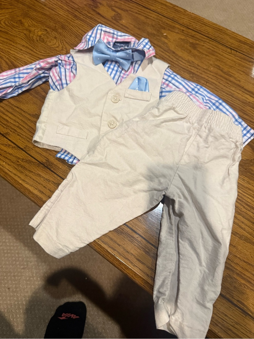 Baby Boy Beige Vest Set with Blue Plaid Shirt and Bow Tie